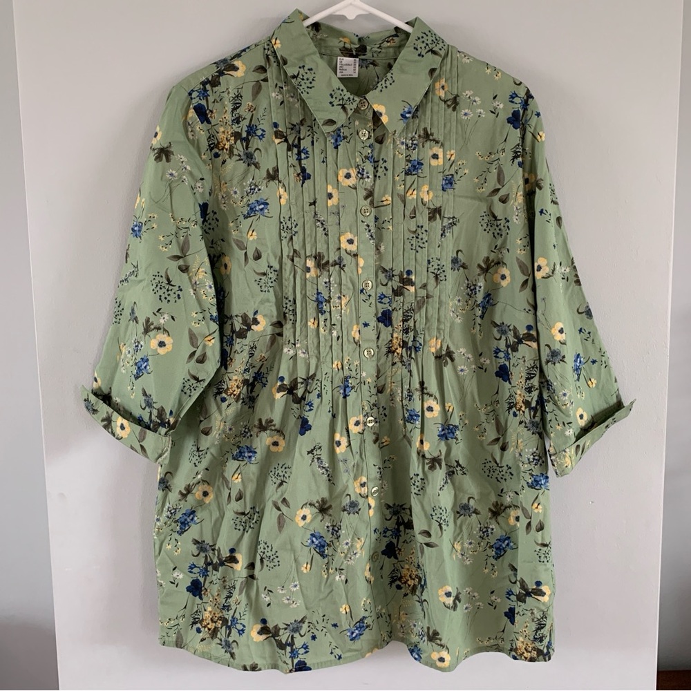 Floral Button Down Shirt Spring Blouse Size  14 Green Cottagecore Grannycore